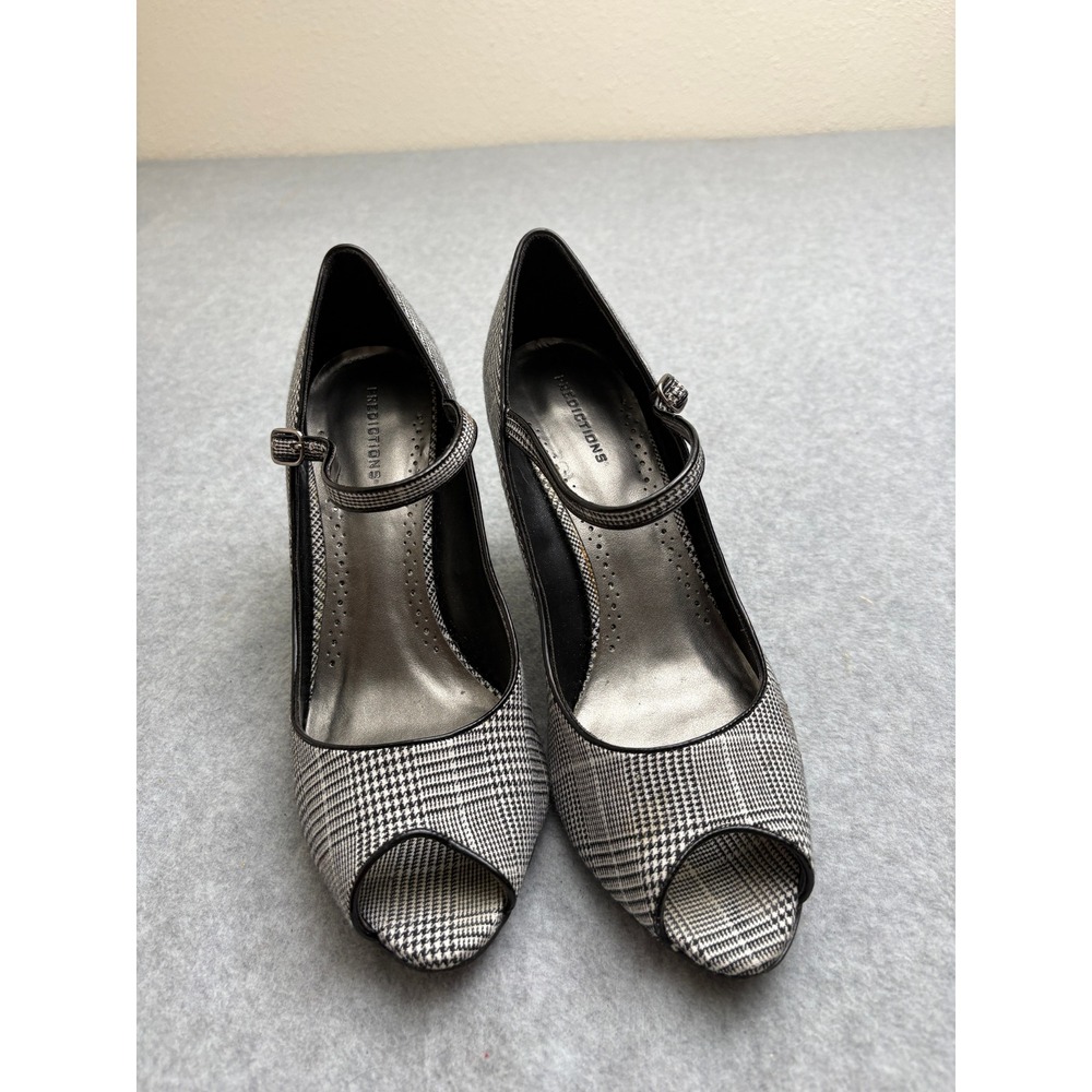 Predictions Womens Glen Plaid Mary Jane Peep Toe Heels Black White Size 12 62972